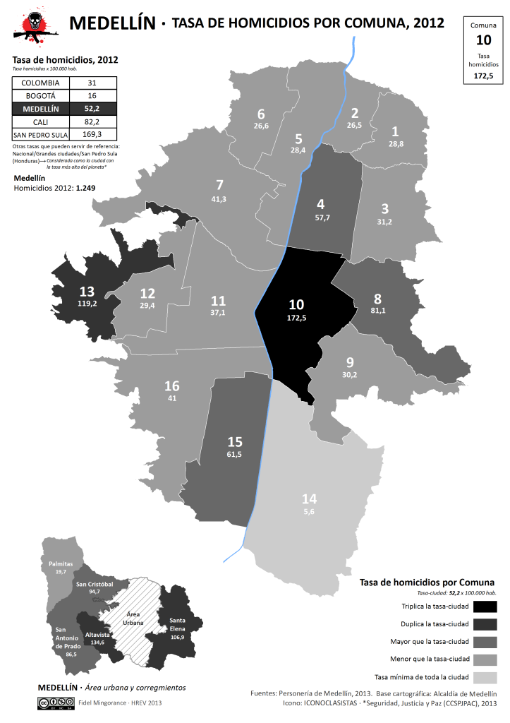 Mapa de Medellín con tasa de homicidios por Comuna, 2012