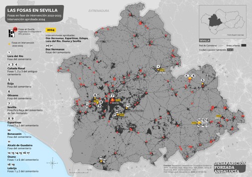 Las fosas en Sevilla. Fosas en fase de intervención en 2022-2023. Intervenciones aprobadas 2024