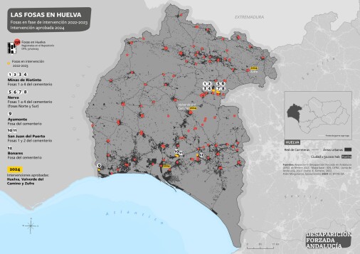 Las fosas en Huelva. Fosas en fase de intervención en 2022-2023. Intervenciones aprobadas 2024