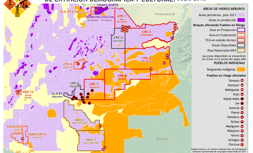 Mapa de las Áreas de hidrocarburos y Pueblos Indígenas en riesgo de extinción demográfica y cultural en Colombia en julio 2013