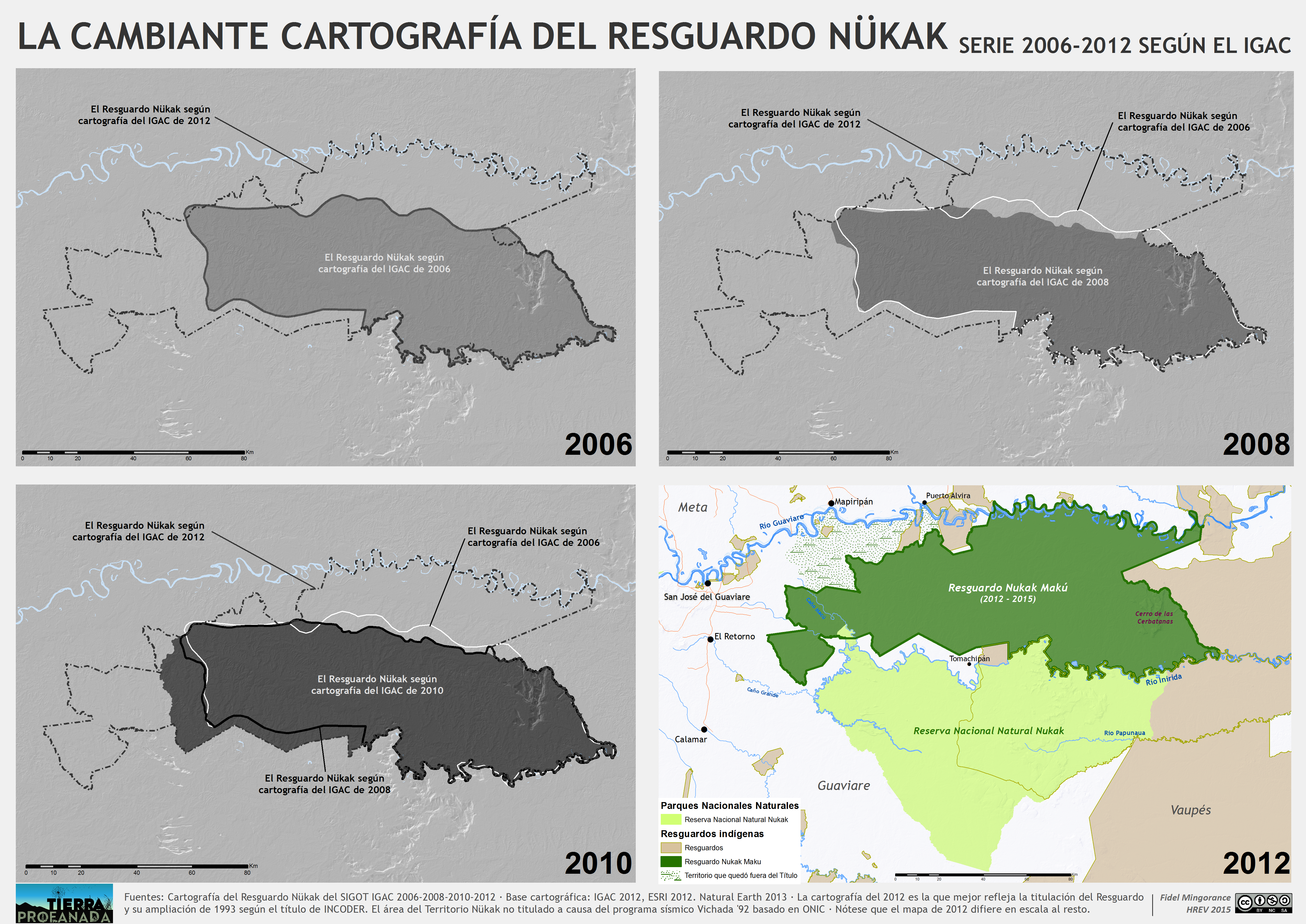 La cambiante cartografía del resguardo Nükak. Serie 2006-2012 según IGAC