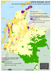 mapa de la afectación territorial de la ronda petrolera Open Round Colombia 2010