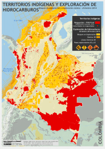 mapa de los Territorios Indígenas y exploración petrolera en Colombia a diciembre de 2014