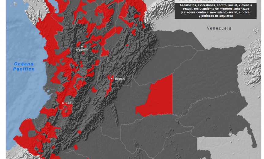 mapa de extensión municipal del grupo paramilitar Los Rastrojos en Colombia 2012
