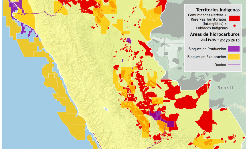 mapa de los Territorios indígenas en Perú y las áreas petroleras activas en mayo de 2015