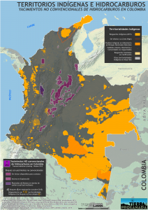 mapa de los yacimientos no convencionales de hidrocarburos en Colombia y territorios Indígenas en octubre de 2015