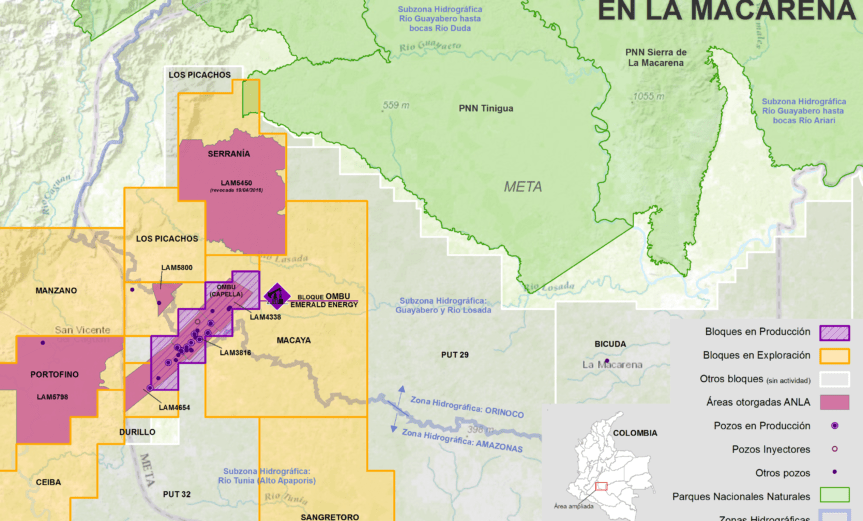 mapa de hidrocarburos y licencias ambientales en La macarena