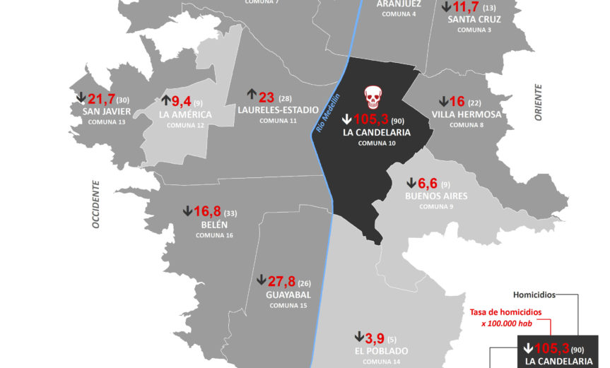 mapa de la tasa de homicidios y homicidios en Medellín en 205