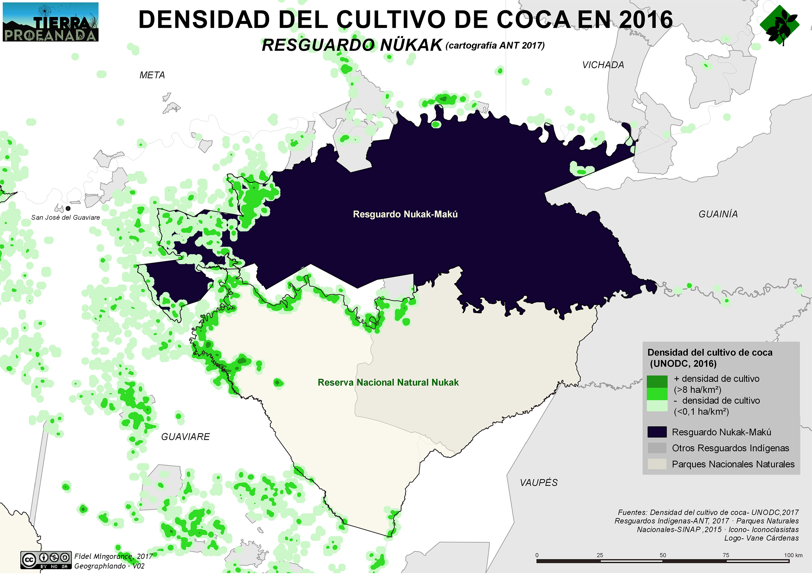 Densidad del cultivo de coca en Resguardo Nükak (2016)
