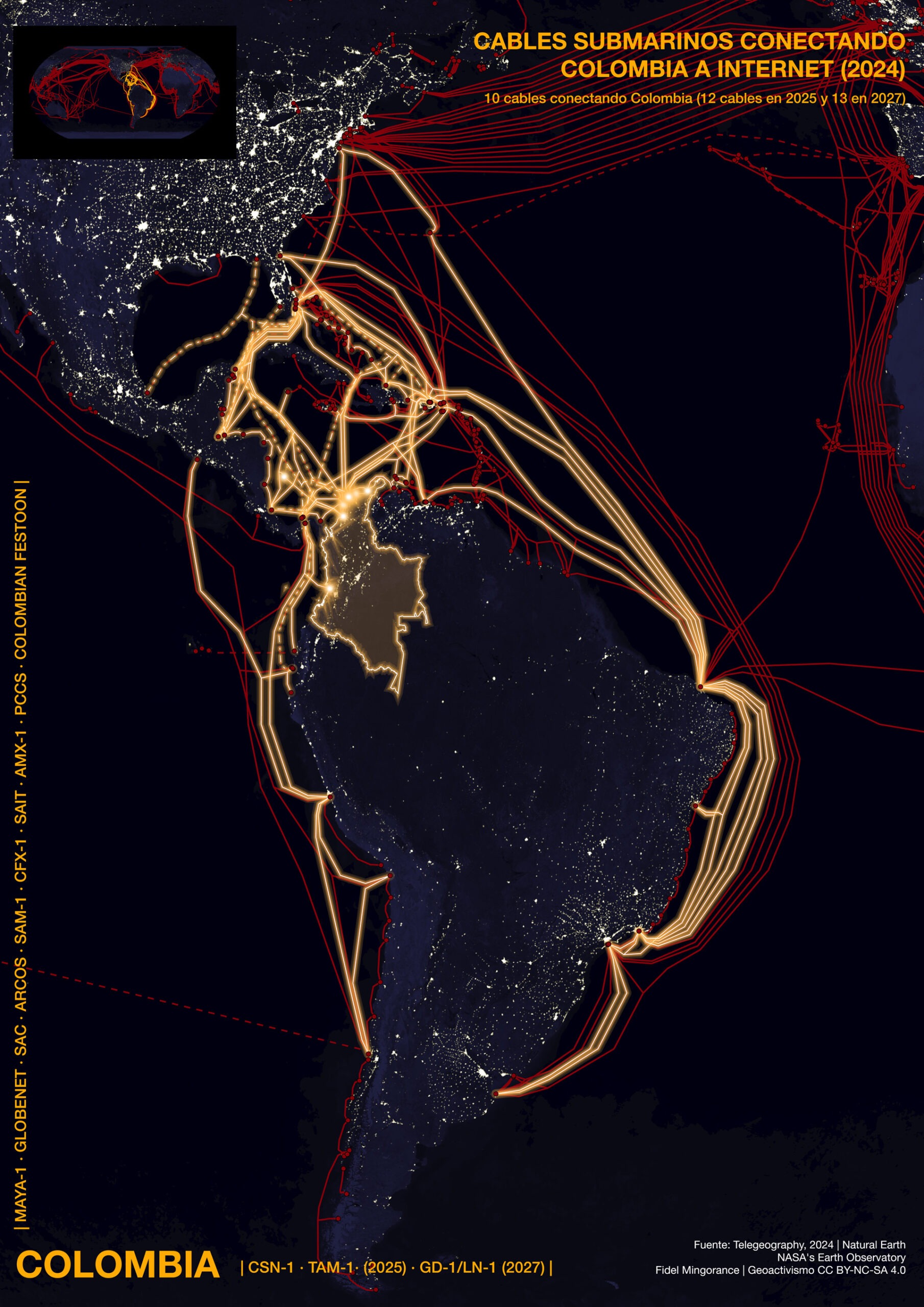 Cables submarinos conectando Colombia a Internet (2024)