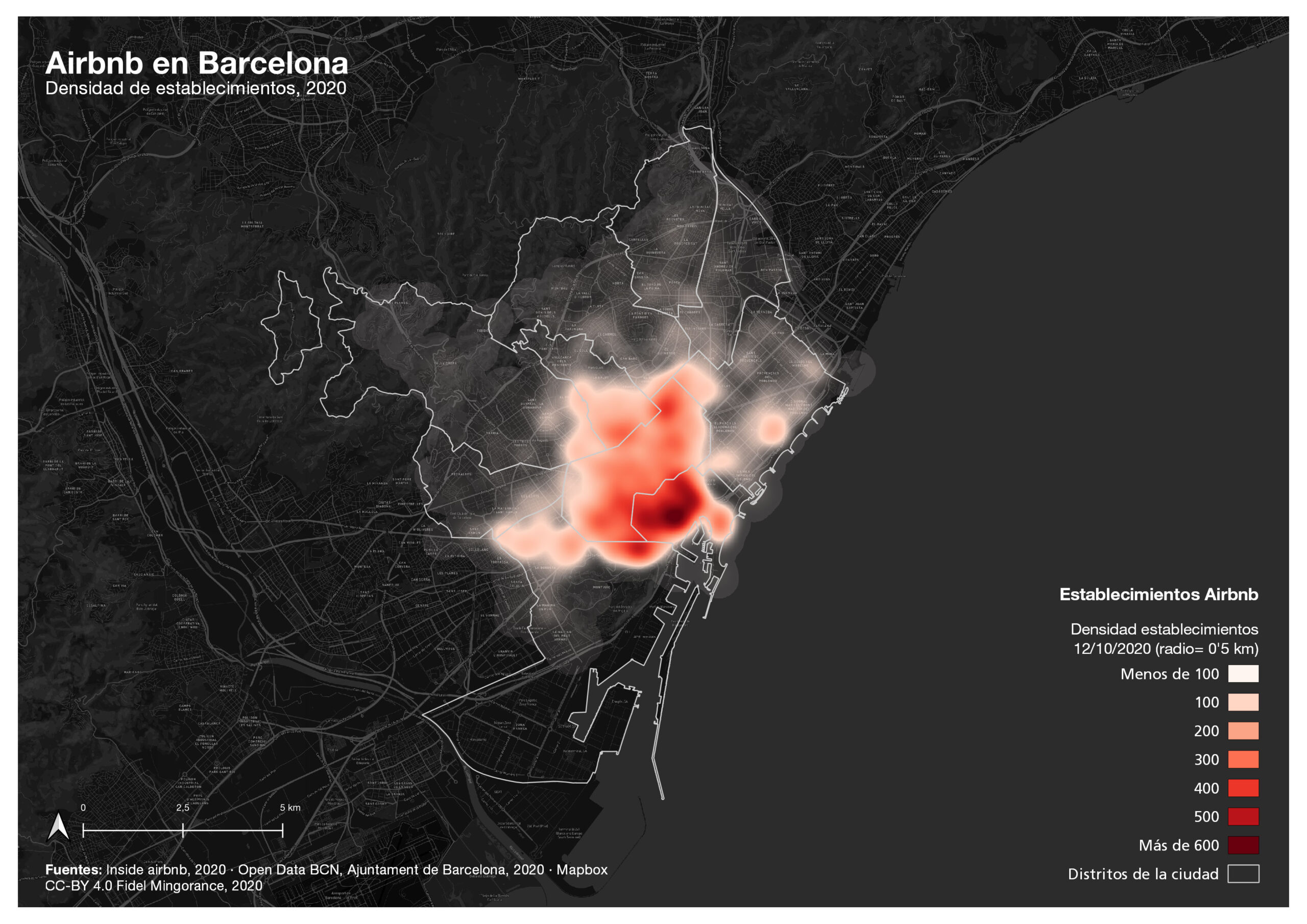 Airbnb en Barcelona. Densidad de establecimientos (2020)