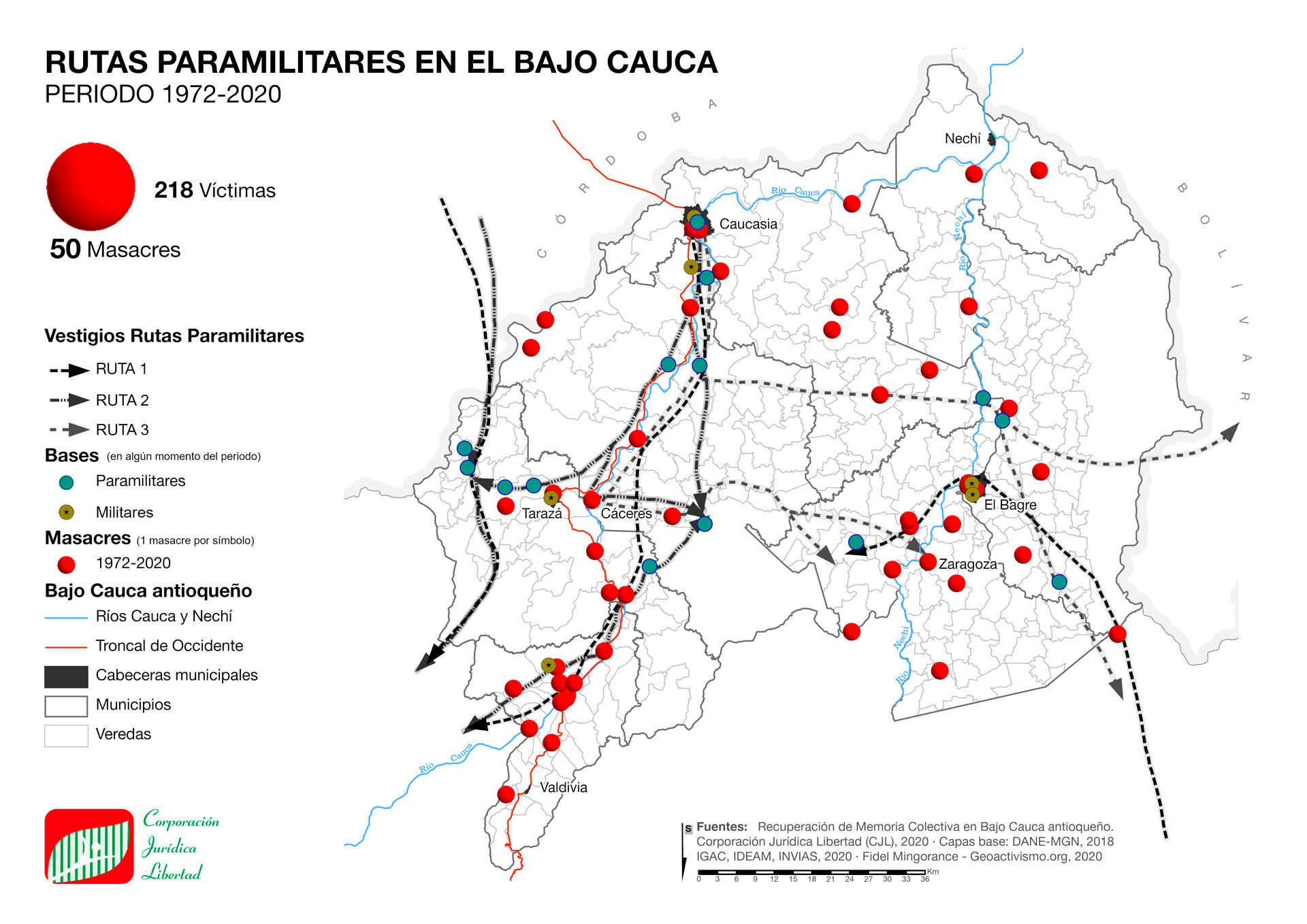 Rutas paramilitares en el Bajo Cauca (1972-2020)